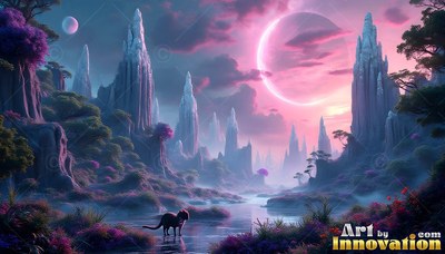 Wading in a stream, a small black cat looks up at icy spires beneath a pink ringed moon