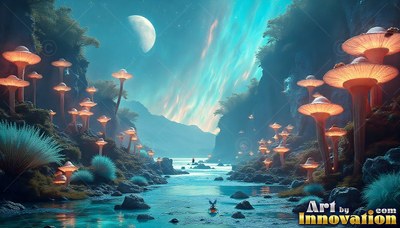 Orange mushrooms line a blue river under a crescent moon