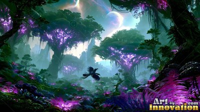 Outstretched black wings carry a bird over purple foliage beneath giant trees