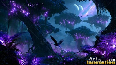 A bird flies between tall trees under two moons, lit by bright purple leaves