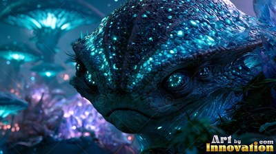 Tilted close-up of a blue reptile creature in a night forest with bright fungi