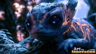A tiny blue lizard creature rests on dark ferns in the woods