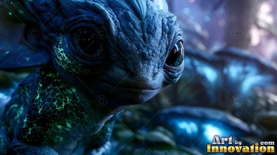 In a dark forest, a blue lizard-like creature with large dark eyes stares ahead