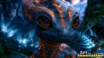 Staring forward, a blue lizard creature rests among dark ferns with bright orange markings