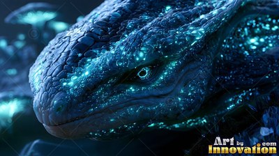 A blue reptile head with shiny scales by mushrooms