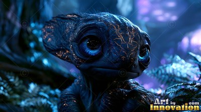 Cracked blue skin covers an alien creature as it rests among dark fern leaves in dim light