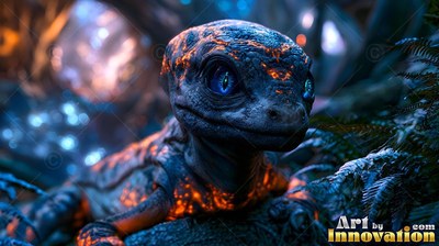 A small reptile rests in a dark forest with bright orange cracks across its skin