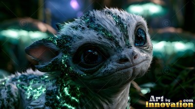 Crouched close in a dark forest, a small white creature with green scales