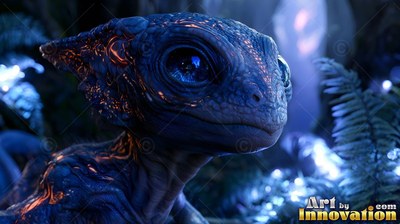 A small blue alien creature with bright orange marks sits near ferns at night