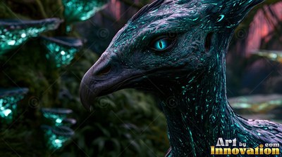 In a dark forest, a birdlike creature with shiny dark teal skin and bright blue eyes