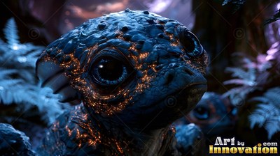 Sitting among blue ferns, a small dark reptile looks up with bright orange cracks on its skin