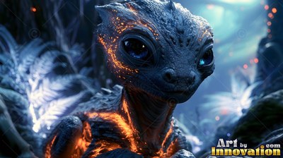 Small gray alien creature resting in dark blue plants