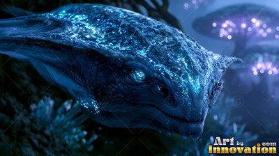Textured blue skin covers an alien fish swimming near purple mushroom caps in dark water