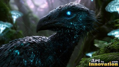 A dark bird-like creature turns its head with bright blue light shining in its eyes