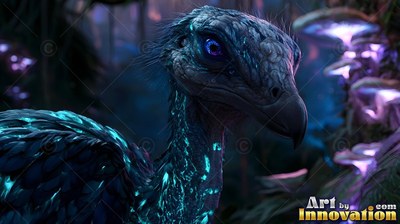 Turned sideways in a dark forest, a blue feathered bird rests near pale mushrooms