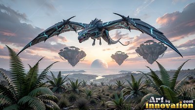 A black dragon with blue streaks flies over floating islands at sunset
