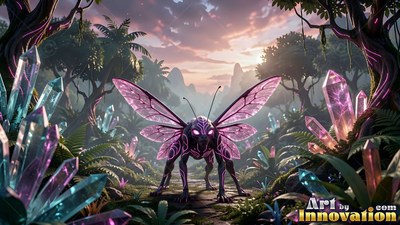 In a crystal forest, a four-legged insect creature stands with pink wings