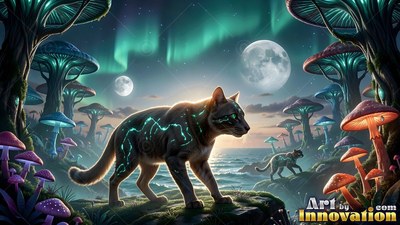 Prowling past giant mushrooms, a dark cat marked with turquoise lines walks under twin moons