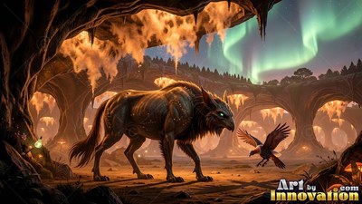A horned beast faces a small bird under green northern lights