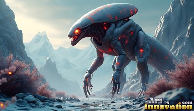 Bright red eyes light up a gray alien creature walking through a snowy mountain valley