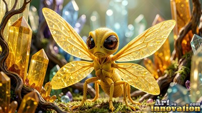 A yellow winged insect perches on moss in soft daylight beside shiny crystals