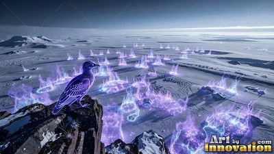 Perched on a dark cliff, a purple bird looks over snowy plains with purple light rings