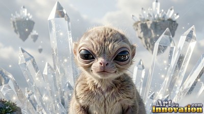 A fuzzy alien baby sits outdoors surrounded by clear crystal points