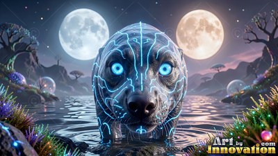 In shallow water under twin moons, a dark seal with blue lines stands facing forward