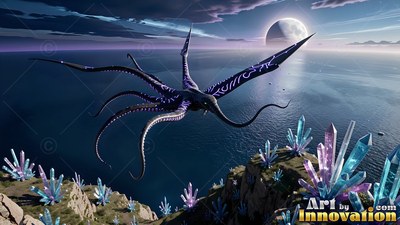 Flying above the sea, a dark winged octopus glides past blue crystal cliffs under a moon