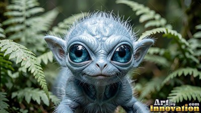 A small gray alien creature with large blue eyes rests near green ferns
