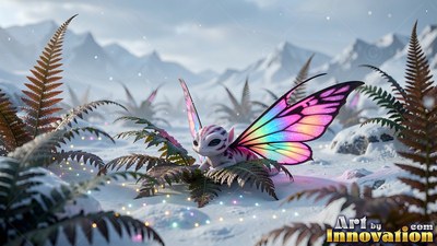 Rainbow wings spread from a small striped creature resting by ferns in the snow