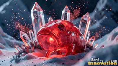 A red glass grub crawls on white snow before clear crystals lit by red sparks