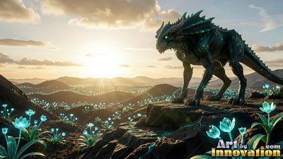 Standing on a rocky hill, a dark green horned reptile looks across a field of blue flowers