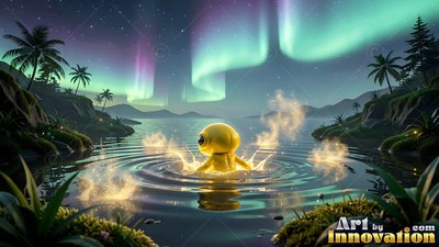 A small yellow creature splashes in a quiet lake beneath green northern lights
