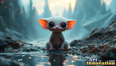 On a muddy path, a small white creature with big pink ears sits by water
