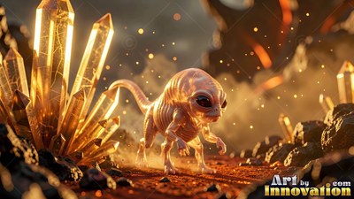 Walking on four legs, a small pale alien creature passes tall amber crystals