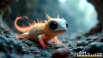 Tiny spiky orange lizard crawling on dark rocky ground
