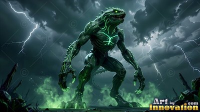 Bright green lines trace the chest of a reptilian monster standing under lightning