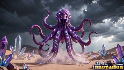 A purple octopus creature rises from desert sand lined with neon violet light streaks