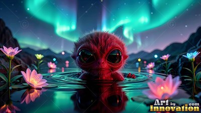 Facing forward in a dark pond, a furry red creature rests under green lights