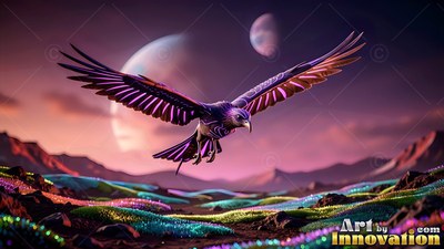 A purple eagle flies over colorful hills under two moons in a dusk sky