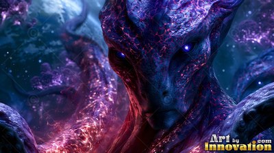 In deep space, a purple alien creature with bright blue eyes stares forward