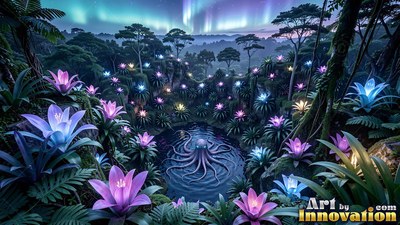 Resting in a dark pool, a purple octopus looks out between bright flowers under northern lights