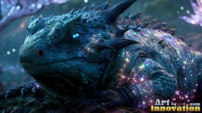 Spiky blue lizard covered in sparkling scales resting outdoors