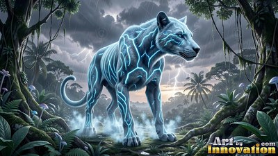 Blue lightning streaks across the white fur of a large cat standing in a stormy tropical jungle