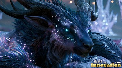 A horned beast rests on the ground, speckled with bright blue and purple sparkles