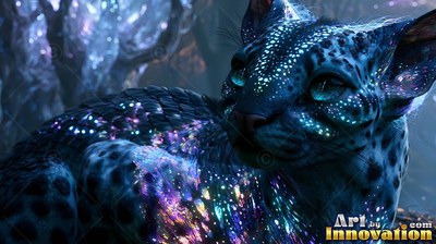 Lying down in a dark forest, a blue cat covered in bright spots looks aside