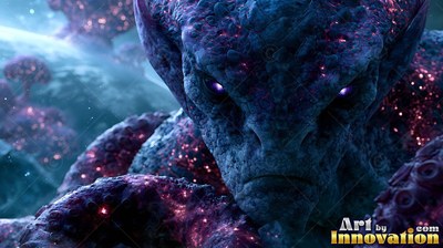 A rocky blue alien creature stares forward with bright purple eyes outdoors