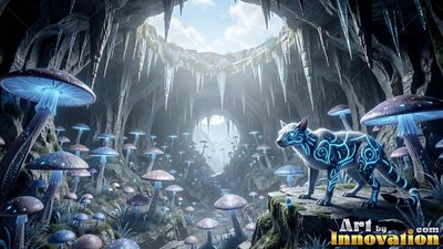 In a sunlit cave of mushrooms, a small wolf with bright blue patterns stands on a rock