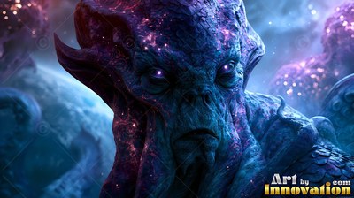 Staring forward in dark space, a blue squid-faced creature has speckled purple skin